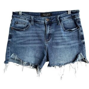 Judy Blue Distressed Raw Hem Medium Wash Denim Shorts - Size Large